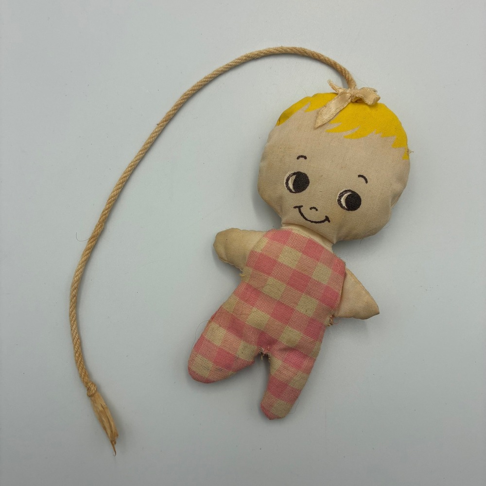 Vintage Reversible Cloth Doll Pink Gingham Checkered Sleepy Awake Nursery Toy
